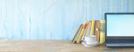 Books, cup of coffee and laptop, learning, education