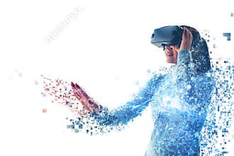 A person in virtual glasses flies to pixels. The woman with glasses of virtual reality. Future technology concept