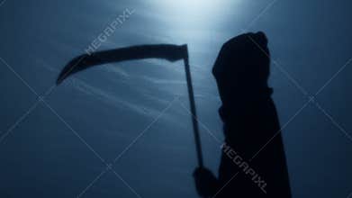 Creepy death silhouette walking slowly with sharp scythe, collecting war victims