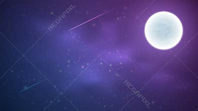 Magic Starry Sky with a luminous blue and purple milky way. Shooting stars. Full moon. Falling comets. Shining stars. Background f