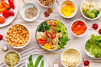 Buddha bowl, healthy and balanced vegan meal, fresh salad with a variety of vegetables, healthy eating concept.