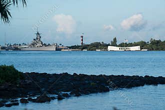 Pearl harbor with USS Arizona Memorial and USS Missouri battleship