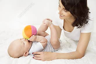 Mother and Baby Playing Toy Ball, New Born Kid Play with Mom