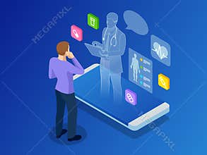 Isometric healthcare, diagnostics and online medical consultation app on smartphone. Digital health concept with a
