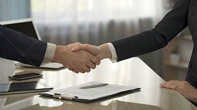Female signing business contract, partners shaking hands, companies cooperation