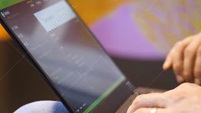 Man hands typing at laptop keyboard closeup working for business software