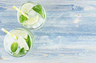 Fresh cold summer beverage mojito with lime, leaf mint, straw, ice cubes, soda on blue wood background, top view, border.