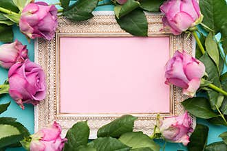 Happy Mother`s Day, Women`s Day or Birthday Flat Lay Background. Beautiful wooden vintage picture frame, fresh pink roses.
