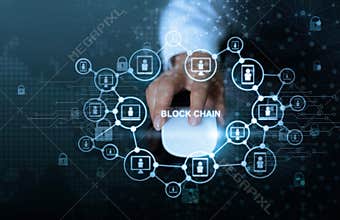Blockchain technology network concept. Businessman click mouse computer with microcircuit icon cryptocurrency and block chain netw