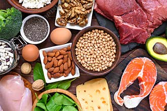 High protein food - fish, meat, poultry, nuts, eggs and vegetables. healthy eating and diet concept