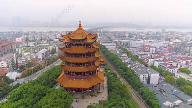 WUHAN, CHINA - MAY 2, 2017: day time wuhan cityscape yellow crane temple aerial panorama 4k china