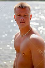 Sensual Topless Young Man On Waterside