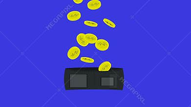 A purse with gold coins falling into it.