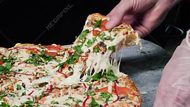 Slice of hot pepperoni pizza, large cheese lunch or dinner with cheese. Frame. Delicious tasty fast food italian