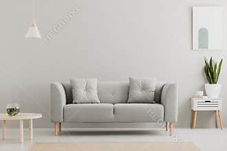 Green plant on a scandinavian cabinet with drawer and a cozy couch with pillows in a gray, simple living room interior with place