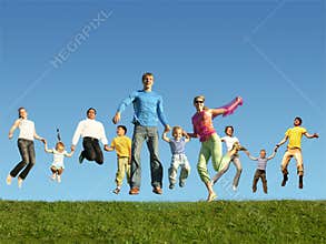 Many jumping families on the grass, collage