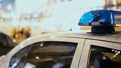 View of parked near wayside police car, public order protection, traffic control