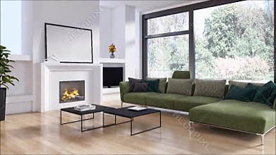 Modern bright interiors apartment Living room with sofa 3D rendering illustration