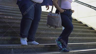 Fat couple walking on stairs, global problem of obesity, surveys and statistics