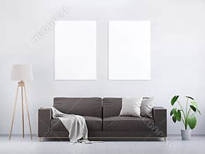 Modern vintage living room. Brown leather sofa on a grey wooden floor and light wall. 3D render.