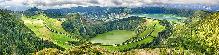 Panoramic view of Crater Sete Cidades from Pico da Cruz at Sao Miguel, Azores