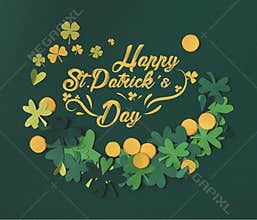 Shamrocks and coins with happy st patricks day lettering