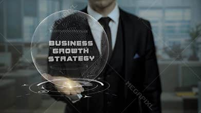 Virtual hologram Business Growth Strategy held by male auditor in the office.