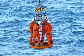 Workers are lifted by the crane to the offshore platform