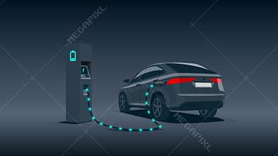 Electric Car Suv Charging at the Charger Station at Night Footage