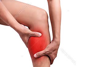 Man suffering from leg pain, calf pain. red color highlight
