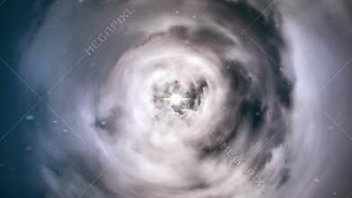 Wormhole straight through time and space, clouds, and millions of stars. Colorful Space Travel Animation. Warp straight