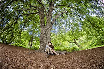 Millennial couple sitting under a big tree