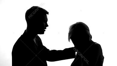 Boyfriend hugging crying girlfriend, calming down spouse, support and care