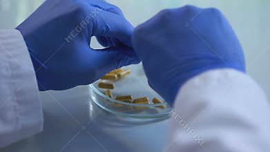 Chemist opening medical pill laboratory research, health care, treatment control