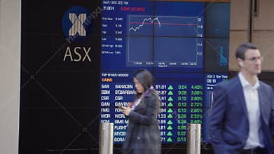 4k video of people walking past the electronic display board of the Sydney Exchange Square