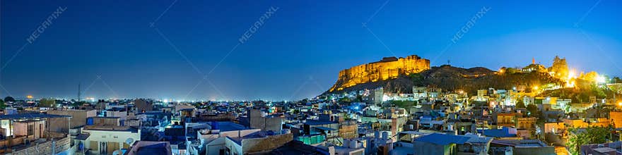 Panoramic view of Mehrangarh fort at Jodhpur on evening time, Rajasthan, India.