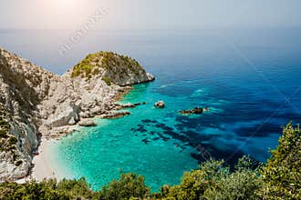 Top view to Agia Eleni beach in Kefalonia Island, Greece. Most beautiful rocky wild beaches with clear emerald water and