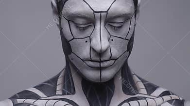 Portrait shot, male android turn on, slow motion