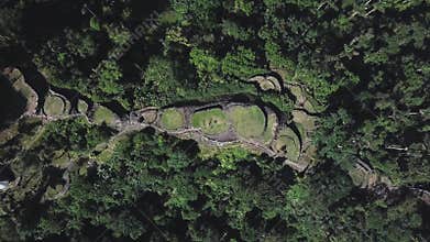 Overhead ascending drone view of the Lost City, archeological site in Colombia