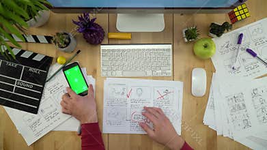 Filmmaker Using Phone Green Screen, Working On Computer Flat Lay