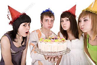 Group of teenagers with cake celebrate birthday