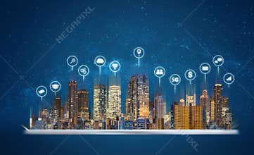 Digital tablet with modern buildings hologram and technology icons. Smart city, internet and networking smart technology