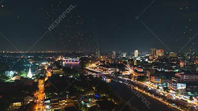 4K Timelapse of Floating lanterns and People in Yee Peng Festival or Loy Krathong celebration in Chiangmai, Thailand.