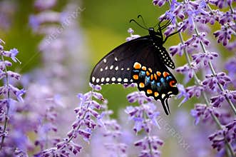Black Swallowtail Butterfly with Purple Flowers