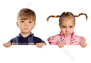 Boy and girl holding a blank