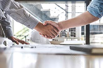 Meeting and greeting, Two engineer or architect meeting for project, handshake after consultation and conference new project plan