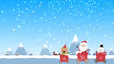 Cartoon animation character of Christmas santa reindeer and snowman in the cart moving pass winter town and mountain with snow fal