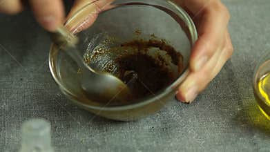Woman cooking salmon fish at home set