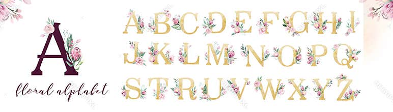 Gold glitter letter alphabet. Isolated Golden alphabetic fonts and numbers on white background. Floral wedding font text