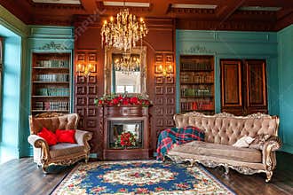 Luxury classic interior of home library. Sitting room with bookshelf, books, arm chair, sofa and fireplace. Clean and modern